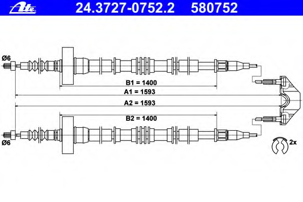 Cablu, frana de parcare 24.3727-0752.2 ATE - Maneta/ cablu Cablu, frana de parcare 24.3727-0752.2 ATE - Maneta/ cablu