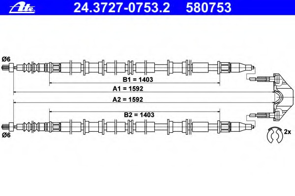 Cablu, frana de parcare 24.3727-0753.2 ATE - Maneta/ cablu Cablu, frana de parcare 24.3727-0753.2 ATE - Maneta/ cablu