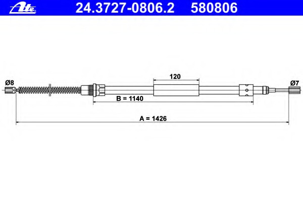 Cablu, frana de parcare 24.3727-0806.2 ATE - Maneta/ cablu Cablu, frana de parcare 24.3727-0806.2 ATE - Maneta/ cablu