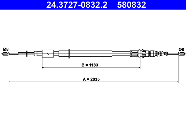 Cablu, frana de parcare 24.3727-0832.2 ATE - Maneta/ cablu Cablu, frana de parcare 24.3727-0832.2 ATE - Maneta/ cablu