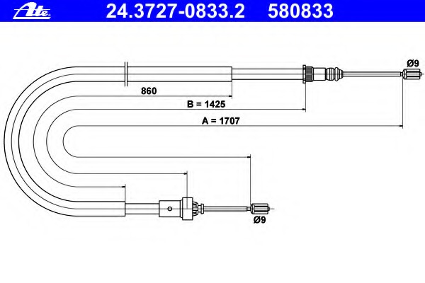Cablu, frana de parcare 24.3727-0833.2 ATE - Maneta/ cablu Cablu, frana de parcare 24.3727-0833.2 ATE - Maneta/ cablu