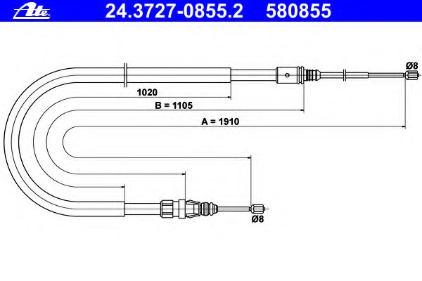 Cablu, frana de parcare 24.3727-0855.2 ATE - Maneta/ cablu Cablu, frana de parcare 24.3727-0855.2 ATE - Maneta/ cablu