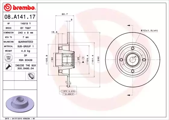Disc frana 08.A141.17 BREMBO - Frana disc Disc frana 08.A141.17 BREMBO - Frana disc