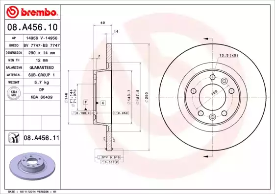 Disc frana 08.A456.10 BREMBO - Frana disc