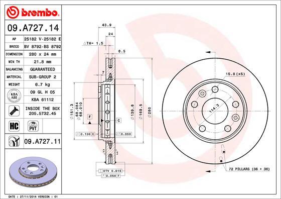 Disc frana 09.A727.14 BREMBO - Disc frana Disc frana 09.A727.14 BREMBO - Disc frana
