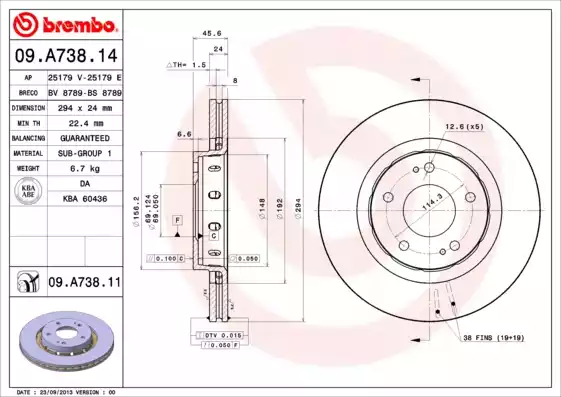 Disc frana 09.A738.14 BREMBO - Frana disc