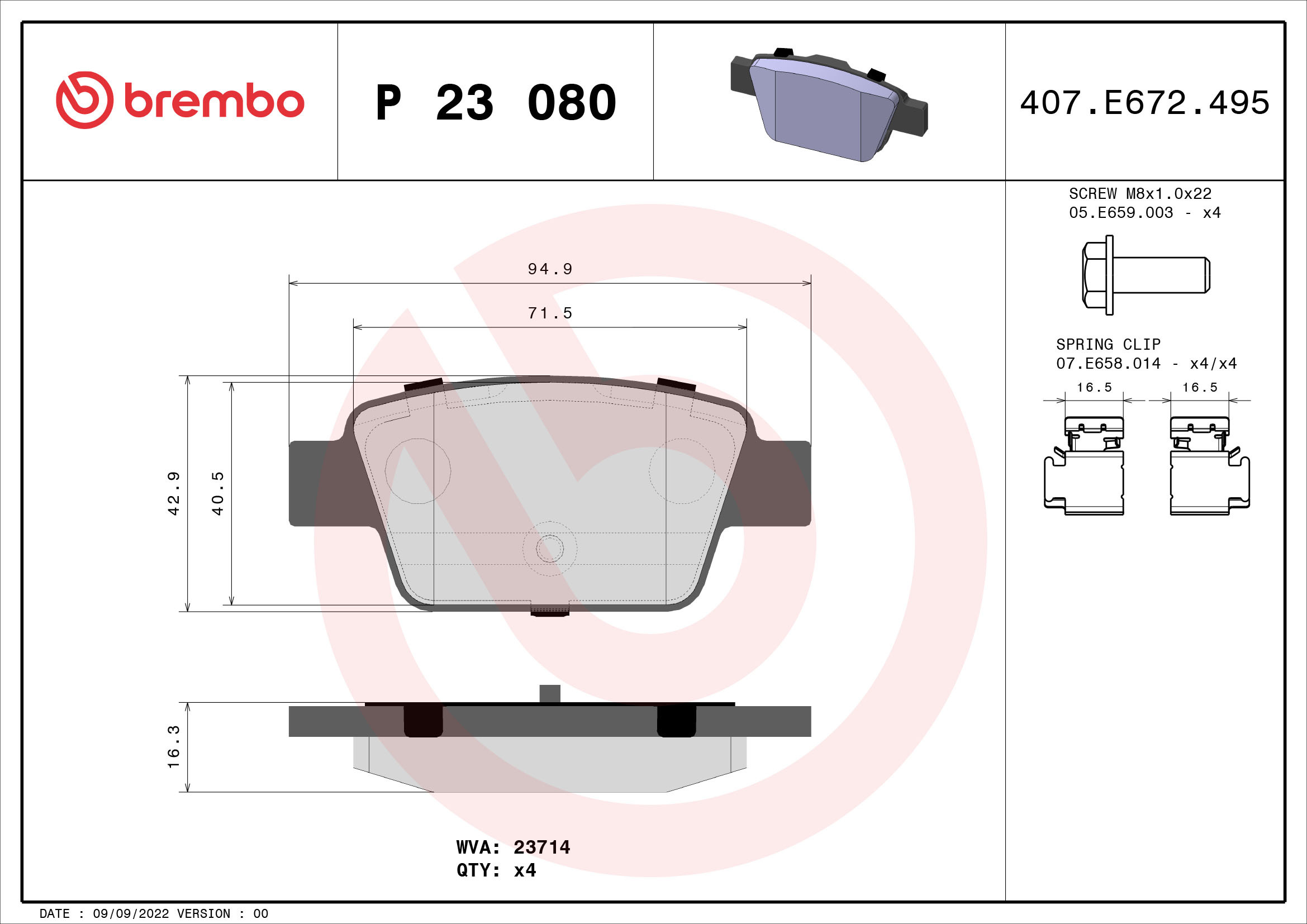 set placute frana,frana disc P 23 080 BREMBO - Frana disc