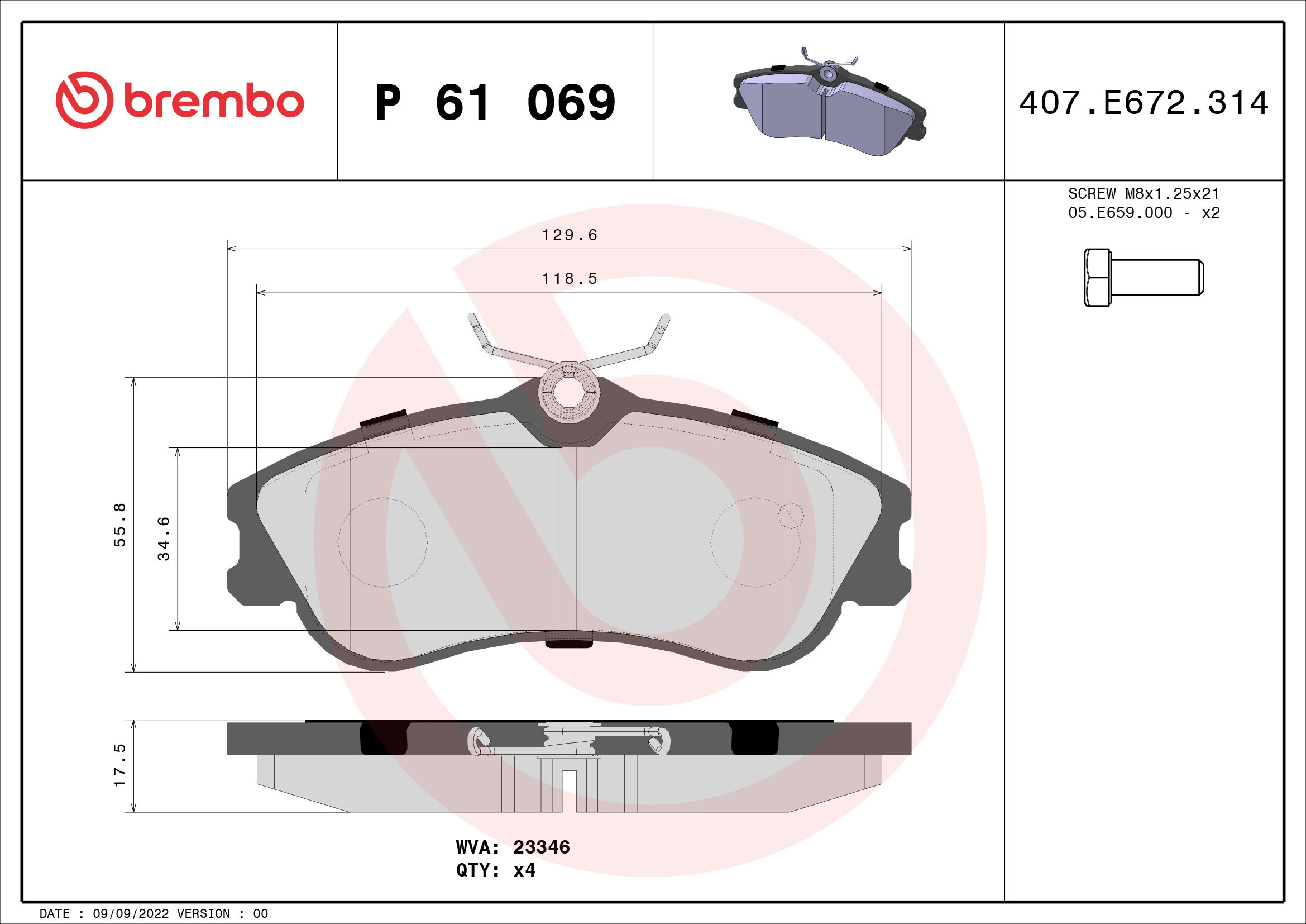set placute frana,frana disc P 61 069 BREMBO - Frana disc