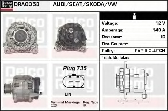Generator / Alternator DRA0353 DELCO REMY - Generator /alternator / elemente Generator / Alternator DRA0353 DELCO REMY - Generator /alternator / elemente