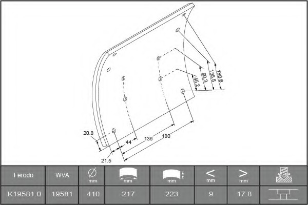 Set garnituri de frictiune, frana tambur K19581.0-F3539 FERODO - Frana de mana